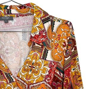 HAUTE HIPPIE Boho Bold Print Long Sleeve Blouse • Large • red, orange, yellow